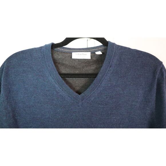 Calvin Klein Dark Navy Blue Extra Fine Merino Wool Sweater Mens Medium V Neck - Picture 2 of 5